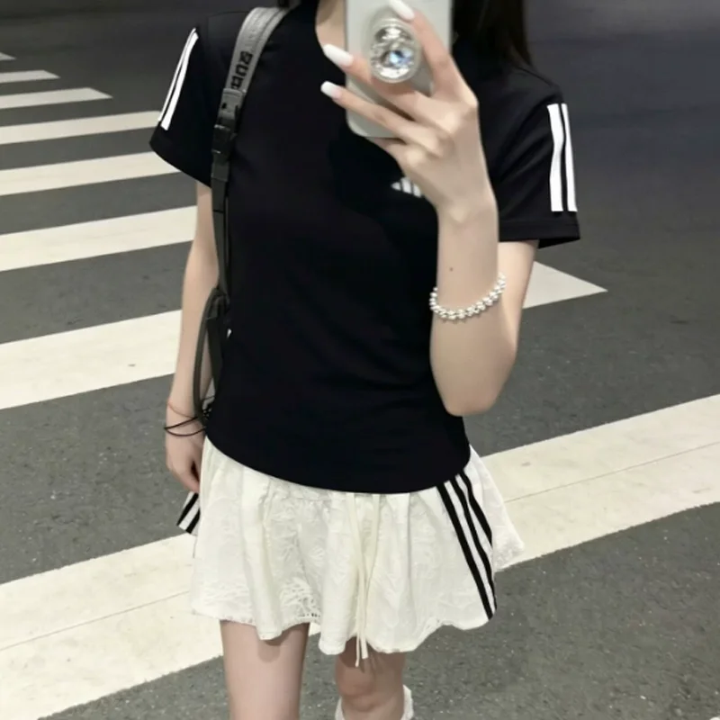 Women adidas KU8745 Black 3-Stripes Crew Neck Tee, Quick Dry Sport Tops for Gym, Running, Daily Casual Athletic Training Outfits