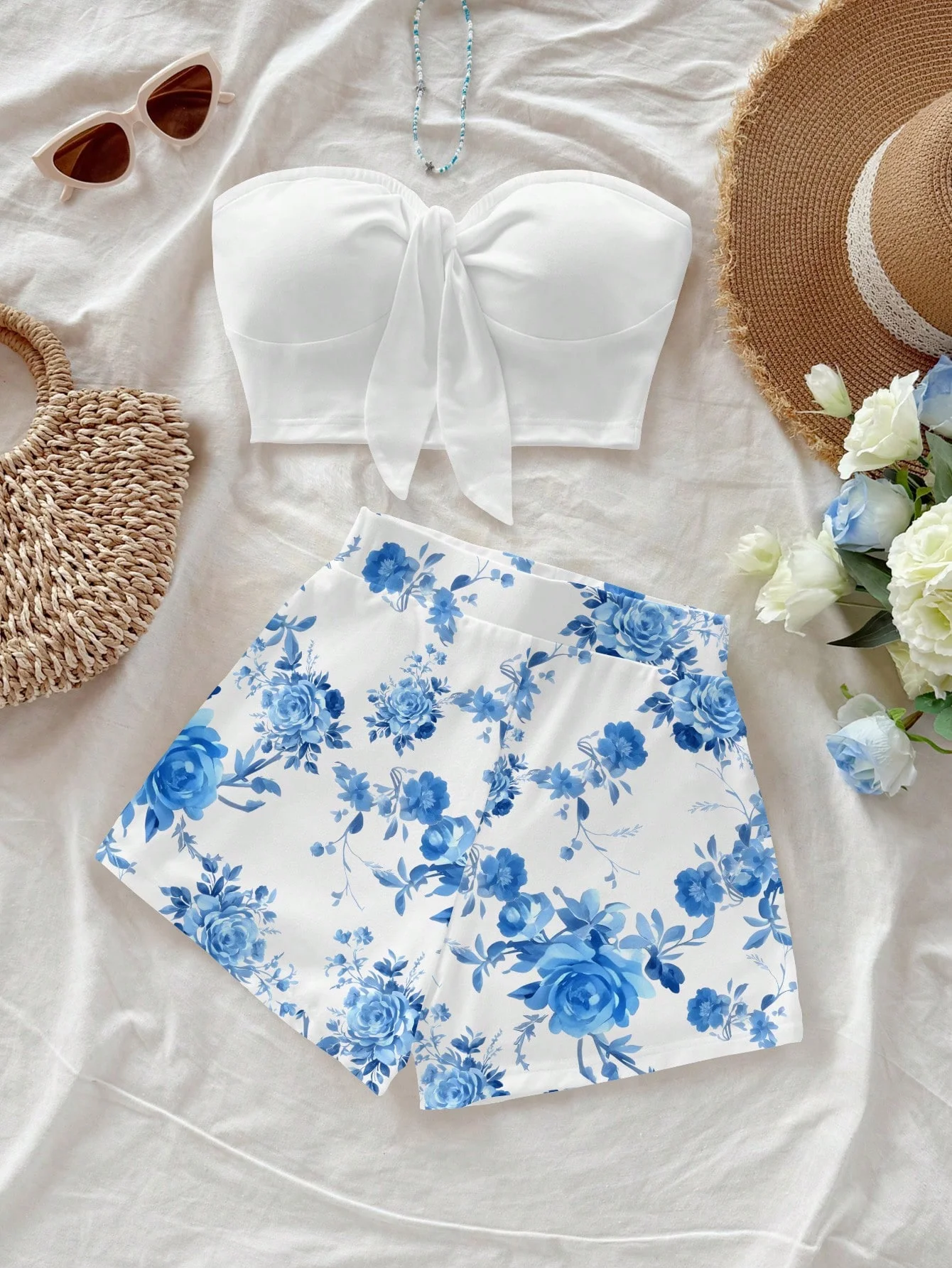 Foreign trade strapless printed hot pants set summer vacation style top two-piece set for women