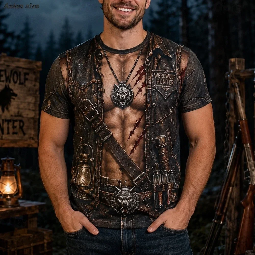 Werewolf Hunter Fake Armor Muscle Pattern Quick-dry Breath 3D Print Sport Men T-shirt Outdoor Street Casual Cosplay Summer Cloth
