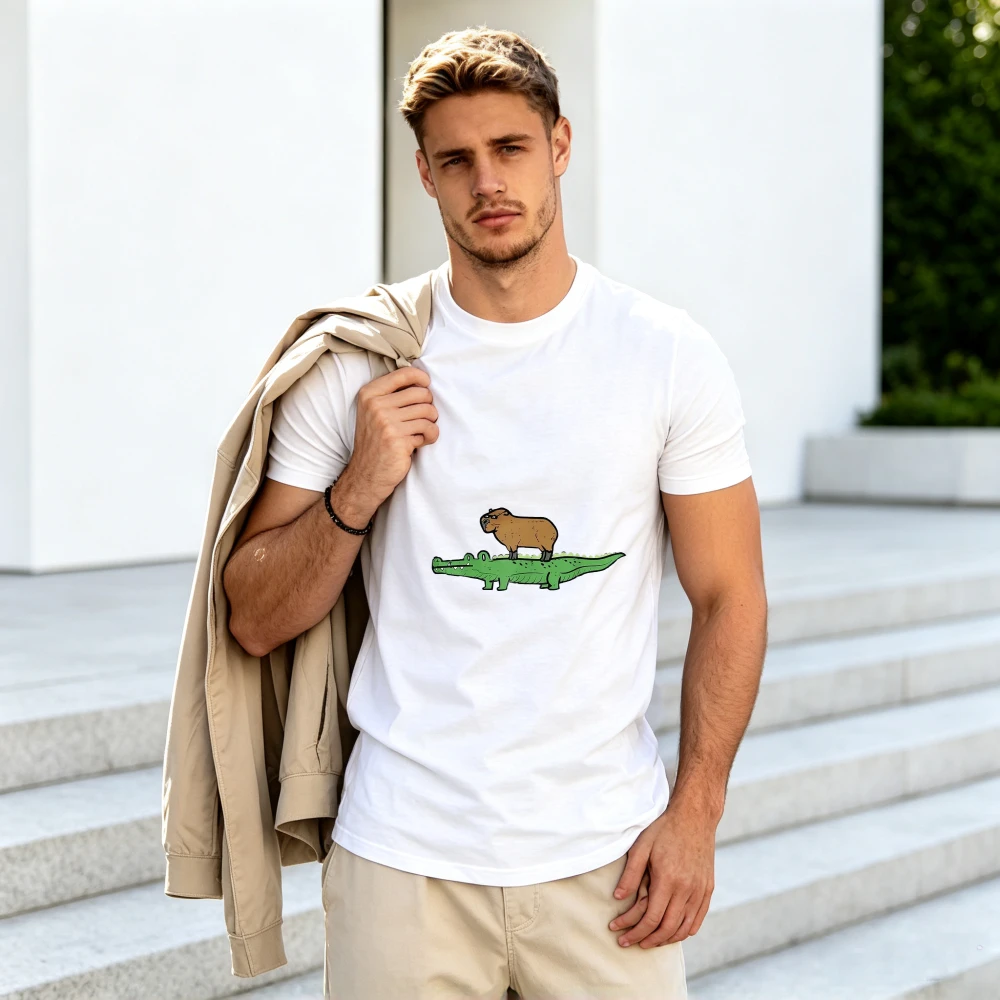 Unisex Short Sleeve T‑Shirt Cool Capybara Alligator Cartoon Meme Graphic Crew Neck Casual Summer Animal Lover Interesting Daily