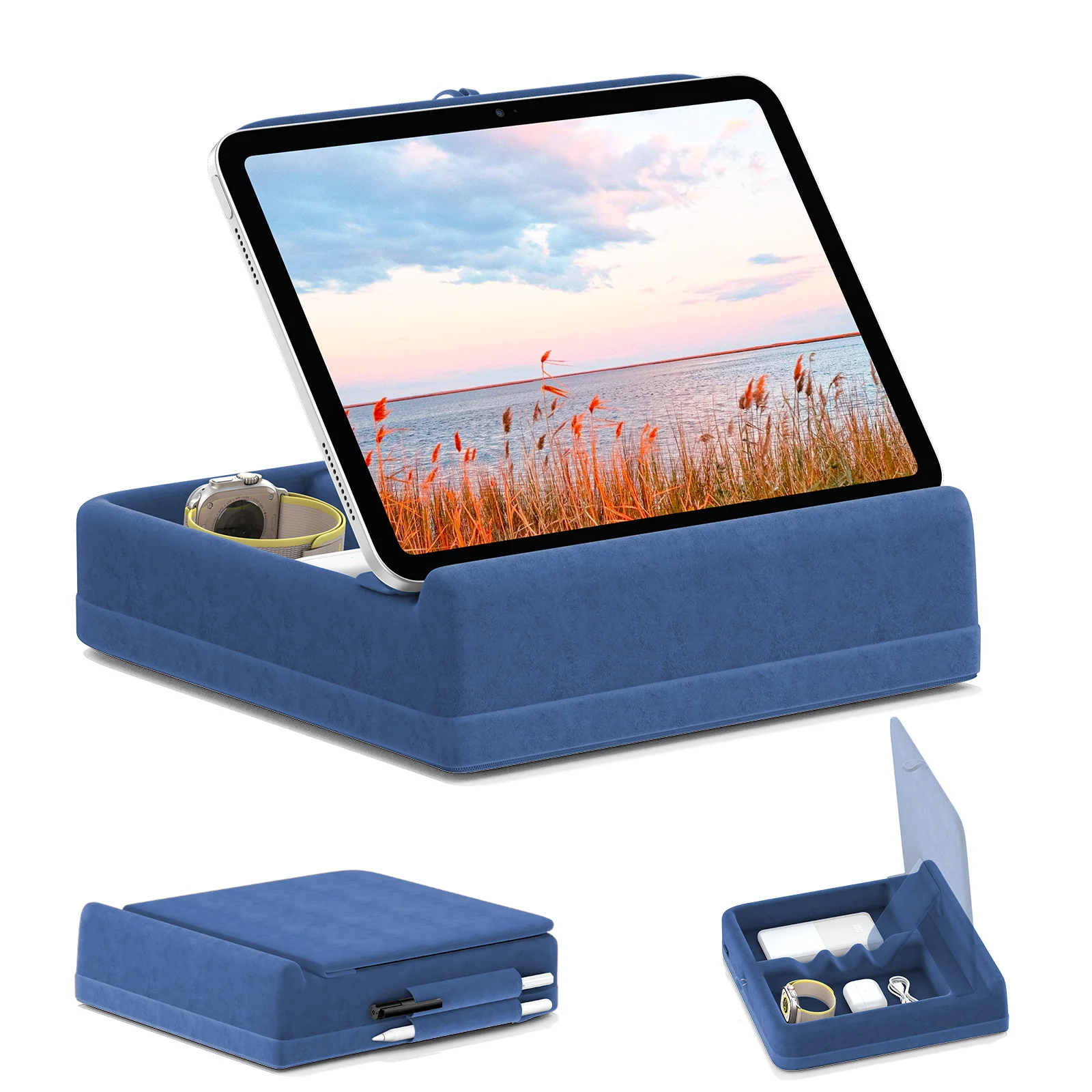 Tabletkussensstandaard met opbergruimte Opvouwbare iPad-houder voor bed en schoot en bureau In hoek verstelbaar zacht kussen Dock met stylushouder