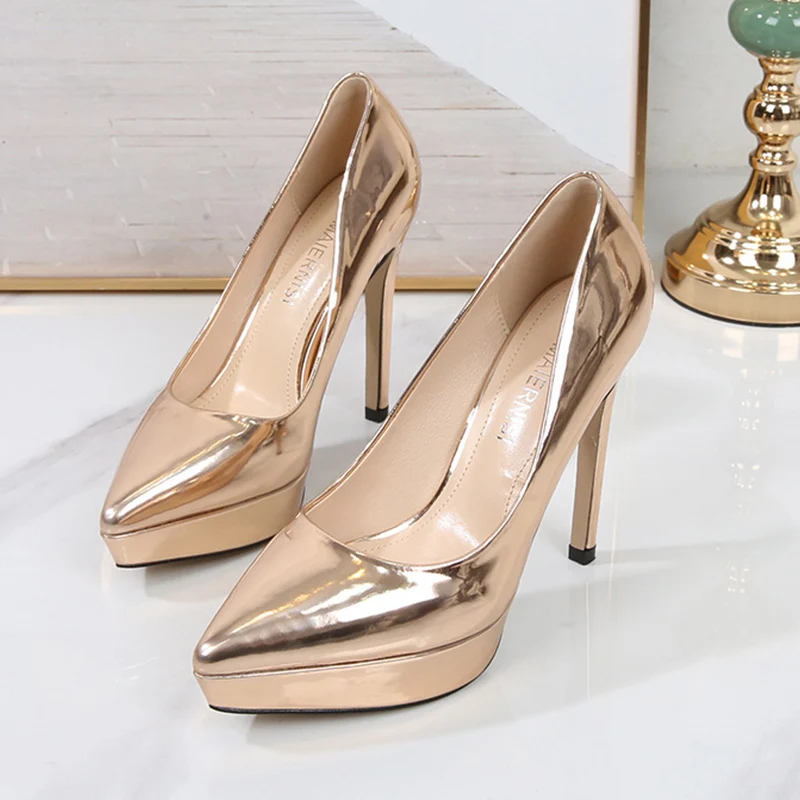 

Women's Pointed Toe Sexy Waterproof Platform Nightclub High Heels Shallow Mouth Plus Size Luxury Woman Pumps High Quality 12CM