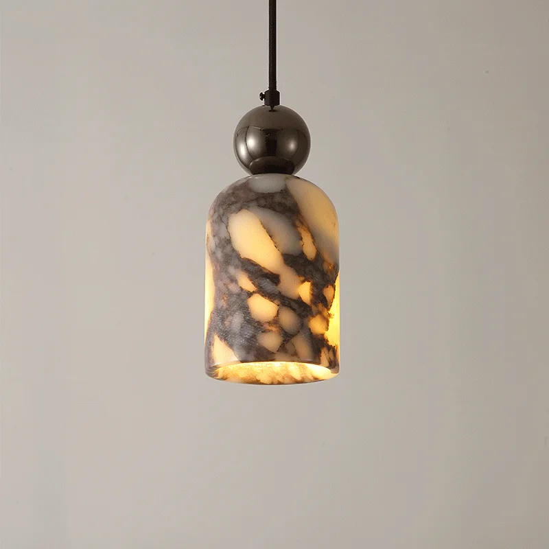 

Luxury Black Metal Natural Marble Pendant Light Fixture Mini Hanging Lamp for Bedroom Bedside Dining Room Decor