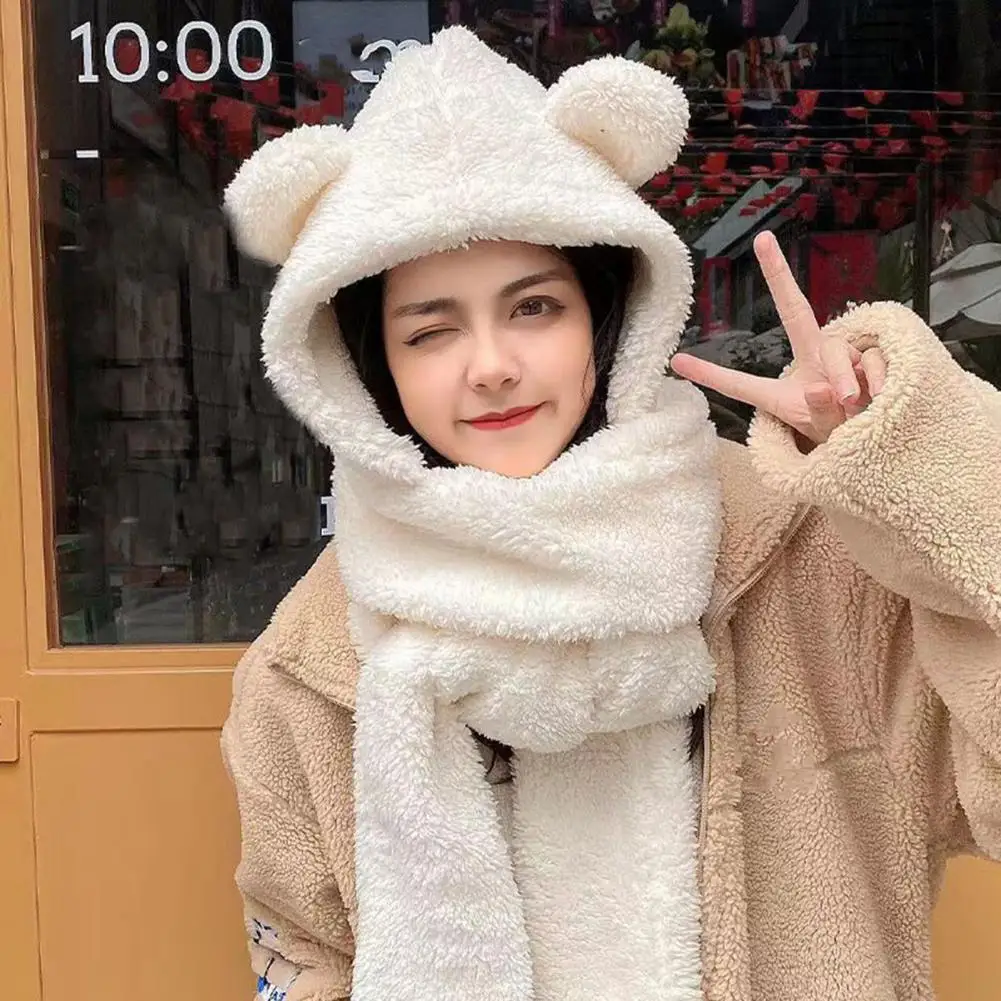 Solid Color Hat Fashionable Women's Winter Plush Hat Set Cute Bear Ear Shape 3-in-1 Scarf Gloves Neck Warmer Solid Color Warm