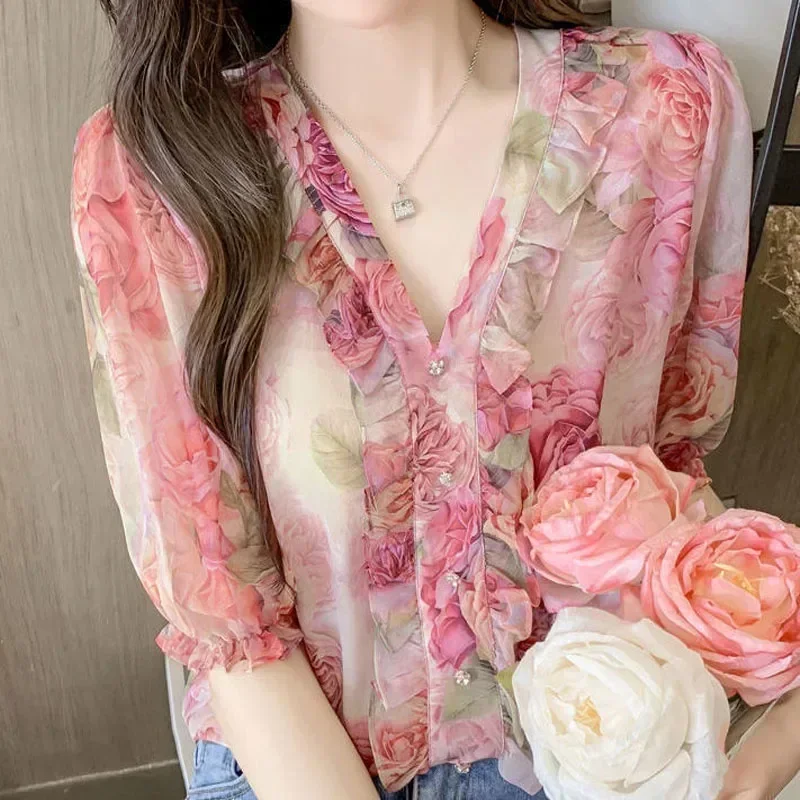 

Элегантные шифоновые блузки с v-образным вырезом и цветочным принтом, модные пуловеры с короткими рукавами и пуговицами, рубашка 2024, летняя повседневная женская одежда