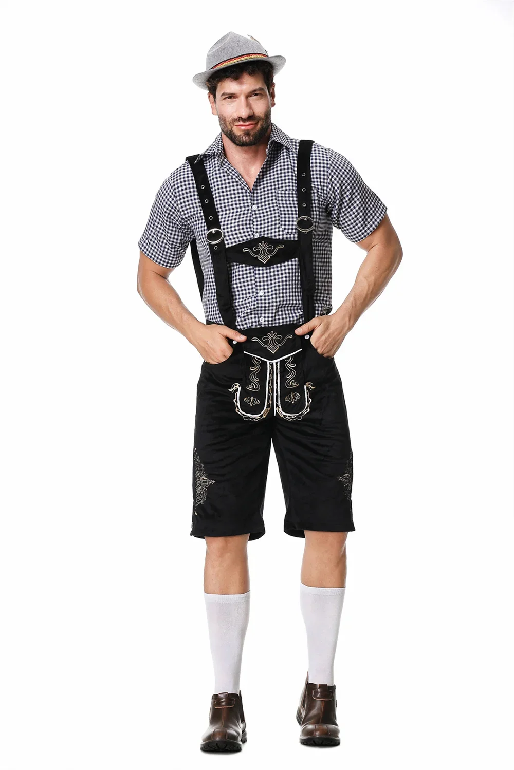 Conjunto de pantalones cortos del Oktoberfest alemán bávaro para adultos, mono, camisa, sombrero, tirantes, traje de fiesta de Carnaval y Halloween para hombre