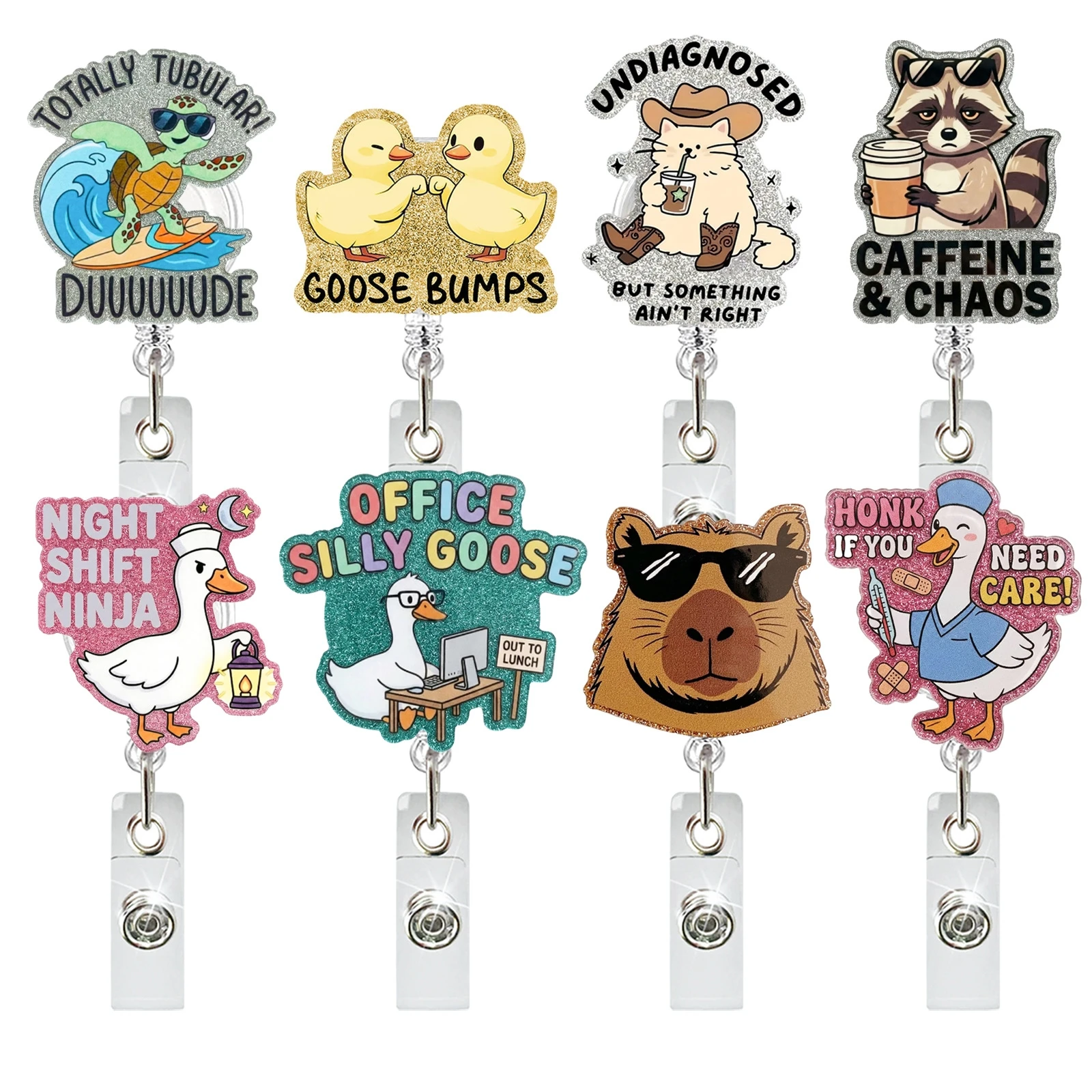 Goose Badge Reel Funny Retractable Id Holder Acrylic Badge Reel Glitter Doctor Id Badge Holder For Key Card Holder Teachers