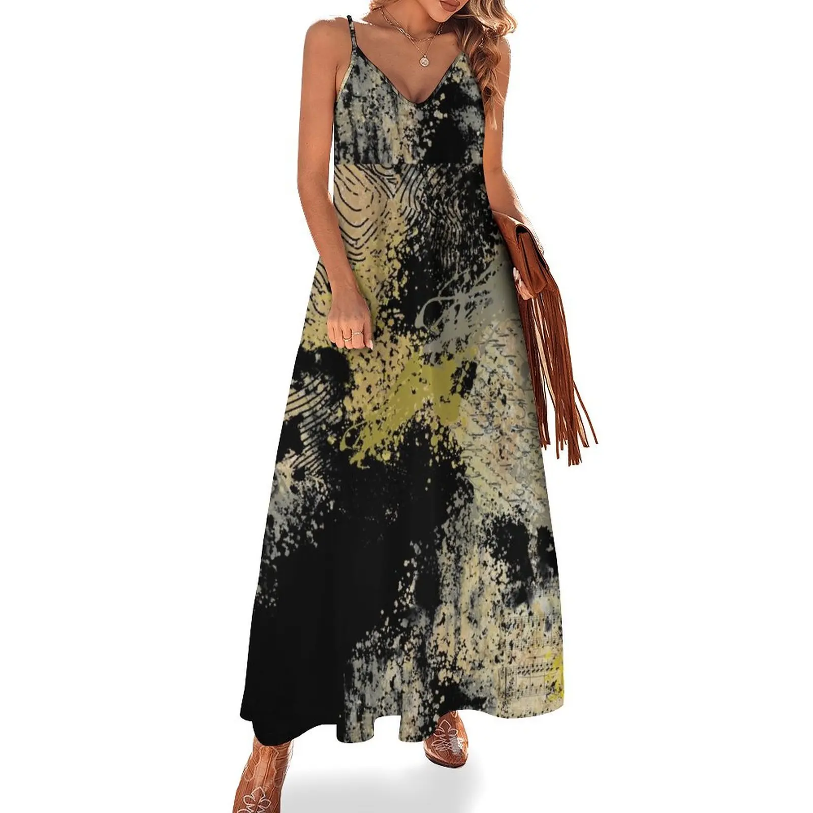 

Black and Tan Abstract Texture Design Sleeveless Dress chic and elegant evening dress summer woman dress 2024