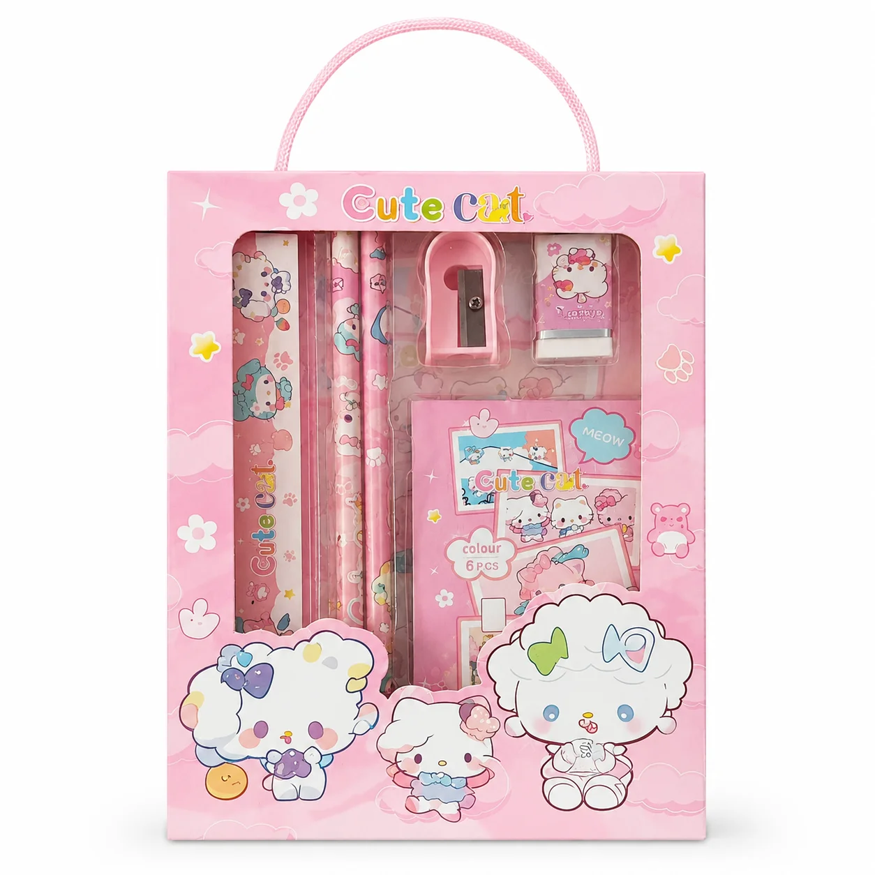 Kids Stationery Set 6 Pieces Portable School Writing Kit Gift Box with Notepad Pencil Eraser Ruler Sharpener