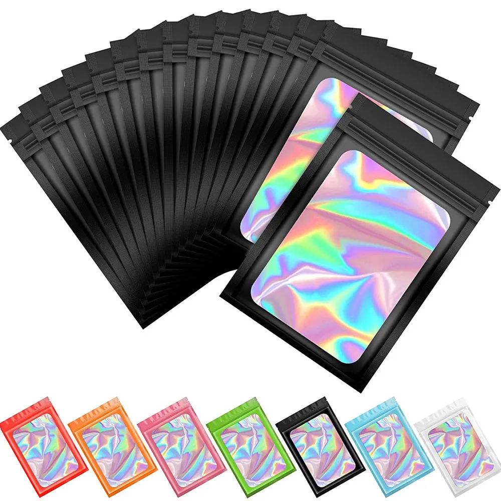 50 sztuk gruba, odporna na zapach torba mylarowa holograficzna laserowa kolorowa plastikowa torba do pakowania biżuteria detaliczna etui do przechowywania prezent torba z zamkiem błyskawicznym