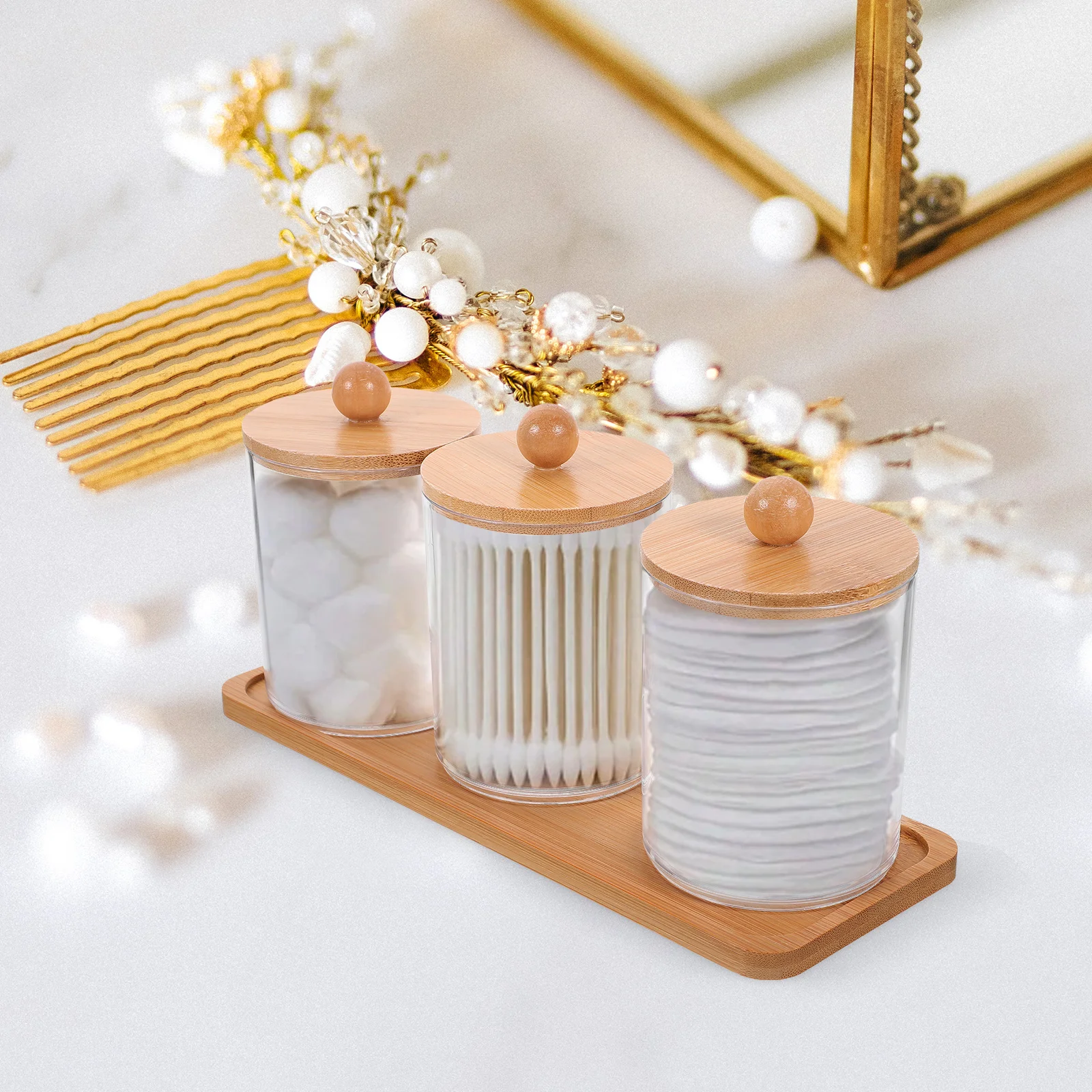 

1Set Makeup Storage Box Transparent Cotton Swab Holder Bamboo Lid Vanity Organizer Tray Multifunctional Bathroom Storage Jar