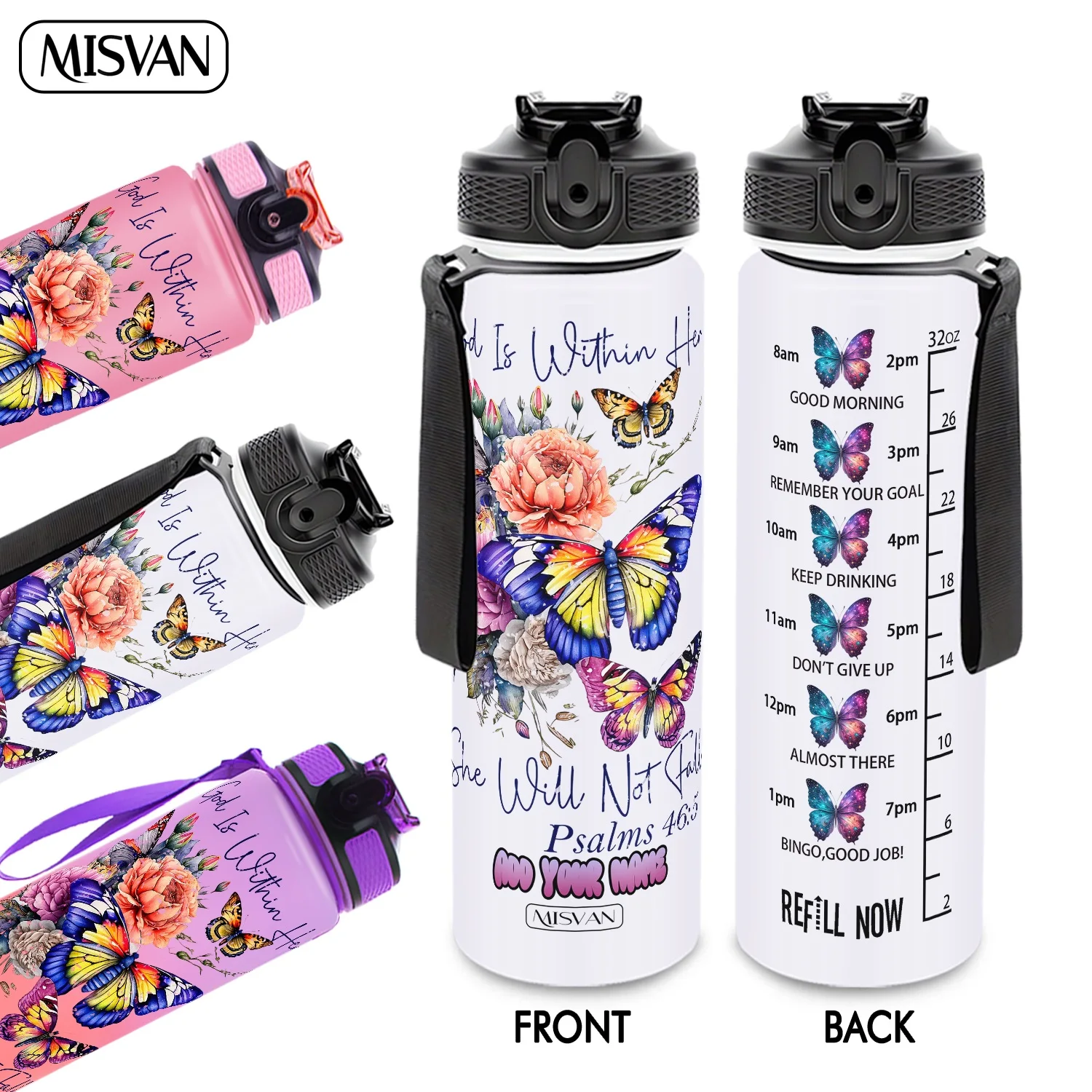 

1pc,Customization Name 32oz Water Bottle,God Is Within Her Butterfly Flower Print,Encourage Daily Hydration,for Gym Cycling
