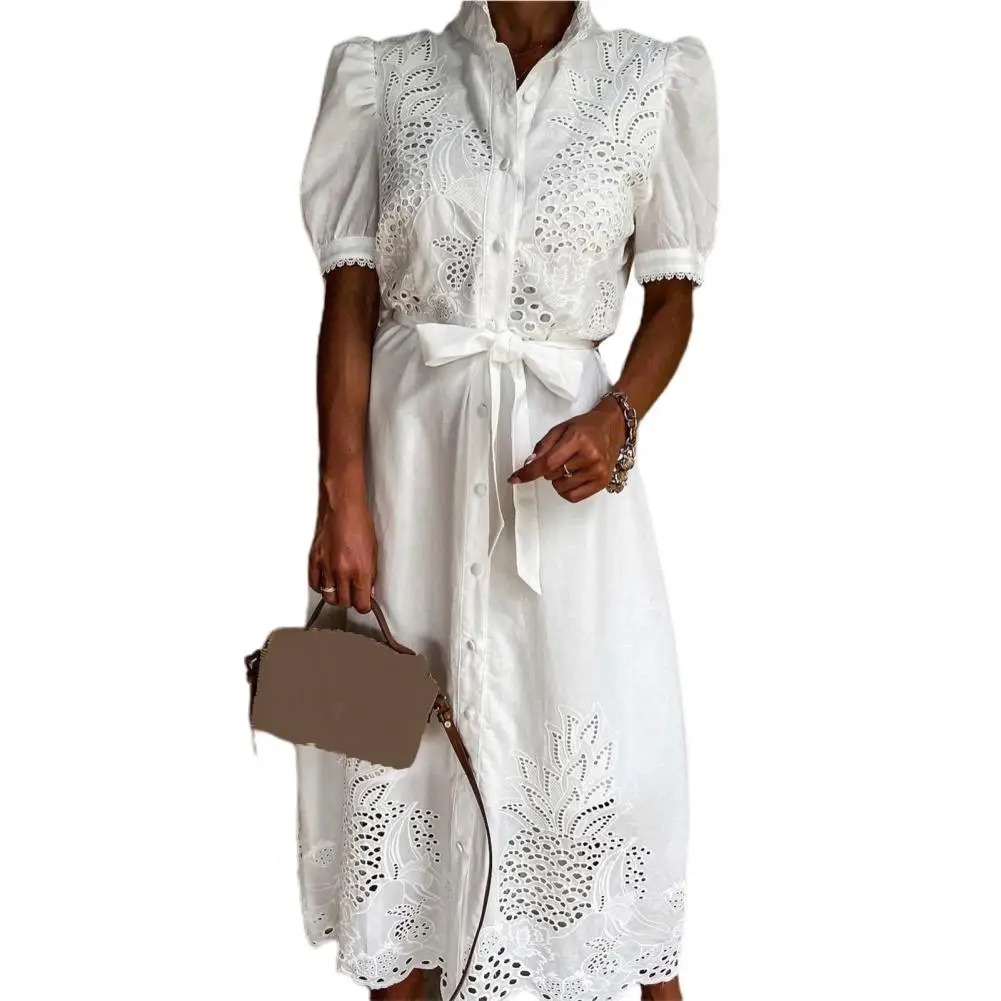Lace-up Vrouwen Shirt Jurk 2024 Zomer Elegante Single Breasted Bladerdeeg Mouw Maxi Jurk Vestidos Bohemian Zonnejurk Party gewaad