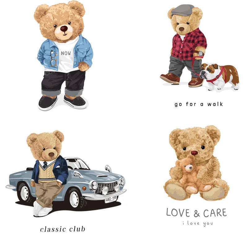 Autocollant de transfert de chaleur pour vêtements, patch de repassage grande taille, autocollant d'ours, t-shirt, sweat à capuche, beau papier pâte chaude, DTF, 4 pièces