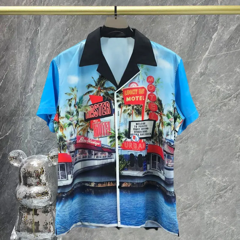 2023 Fall Casual Short Sleeve Button Down Shirt  Hawaiian Shirt Hip Hop Island Coconut Tree Print Beach Shirts Men Harajuku