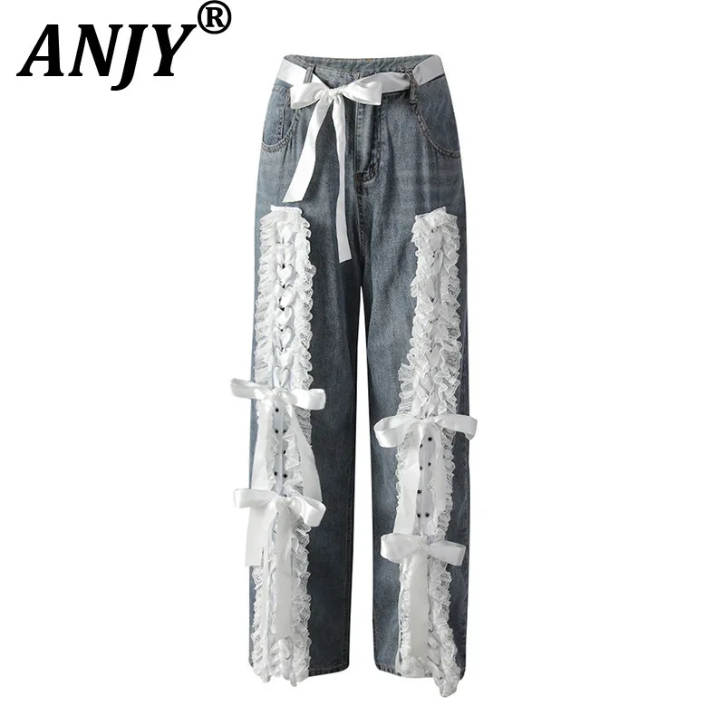 

ANJY Autumn New Women's American Retro Stylish Y2K Sweet Denim Spliced Lace Pockets Pants Casual Ins Trendy Straight Jeans A8050