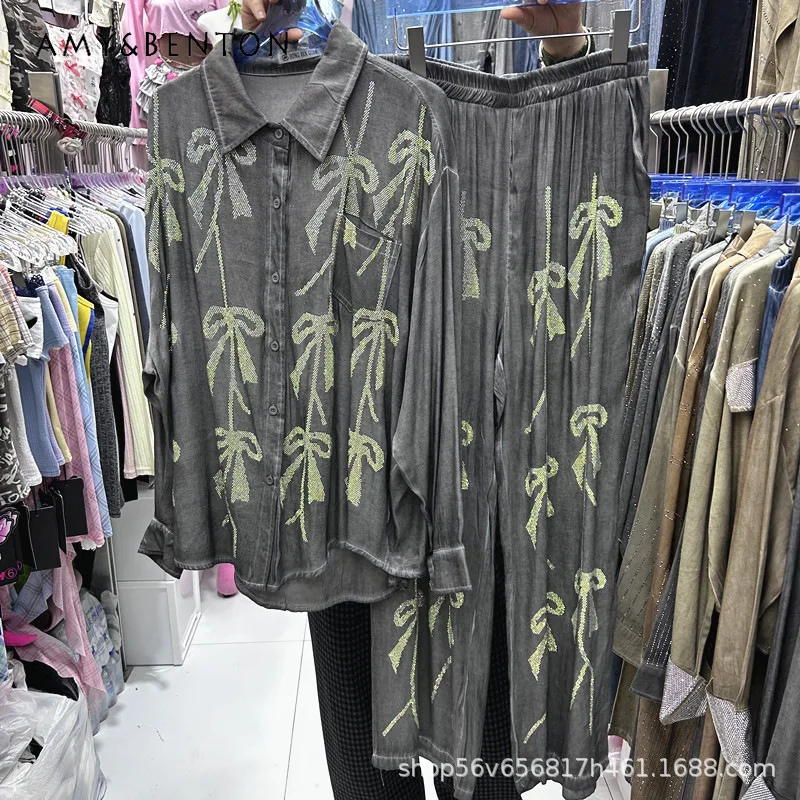 

American Style Heavy Industry Design Rhinestone Bow Loose Long-sleeves Shirt Top + Elastic Waist Wide-leg Pants Set Y2k Outfits