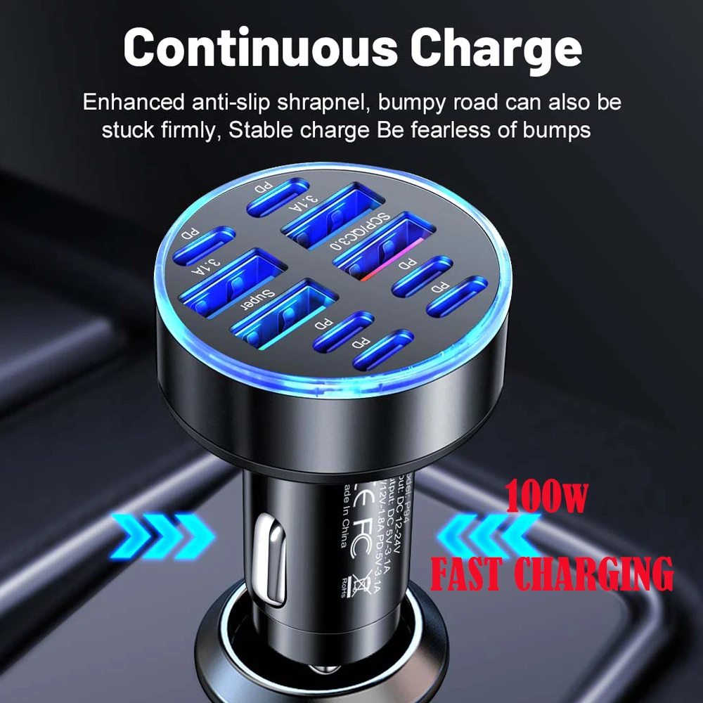 

100W 8 Ports Car Charger Fast Charging PD QC3.0 USB C Car Phone Charger Type C Adapter in Car For iPhone Samsung Huawei Xiaomi