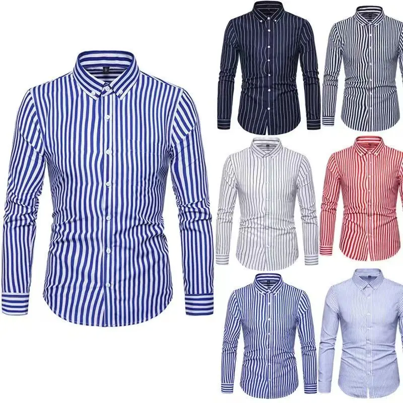 Camisa ajustada con estampado para hombre, ropa de trabajo de manga larga con botones y rayas blancas y negras, talla grande, para oficina y negocios