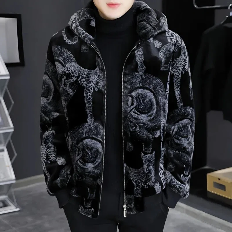 

Осенне-зимняя новинка: модные мужские худи с длинным рукавом из овечьей шерсти, леопардовый тренч, корейская одежда, теплые универсальные трендовые топы на молнии