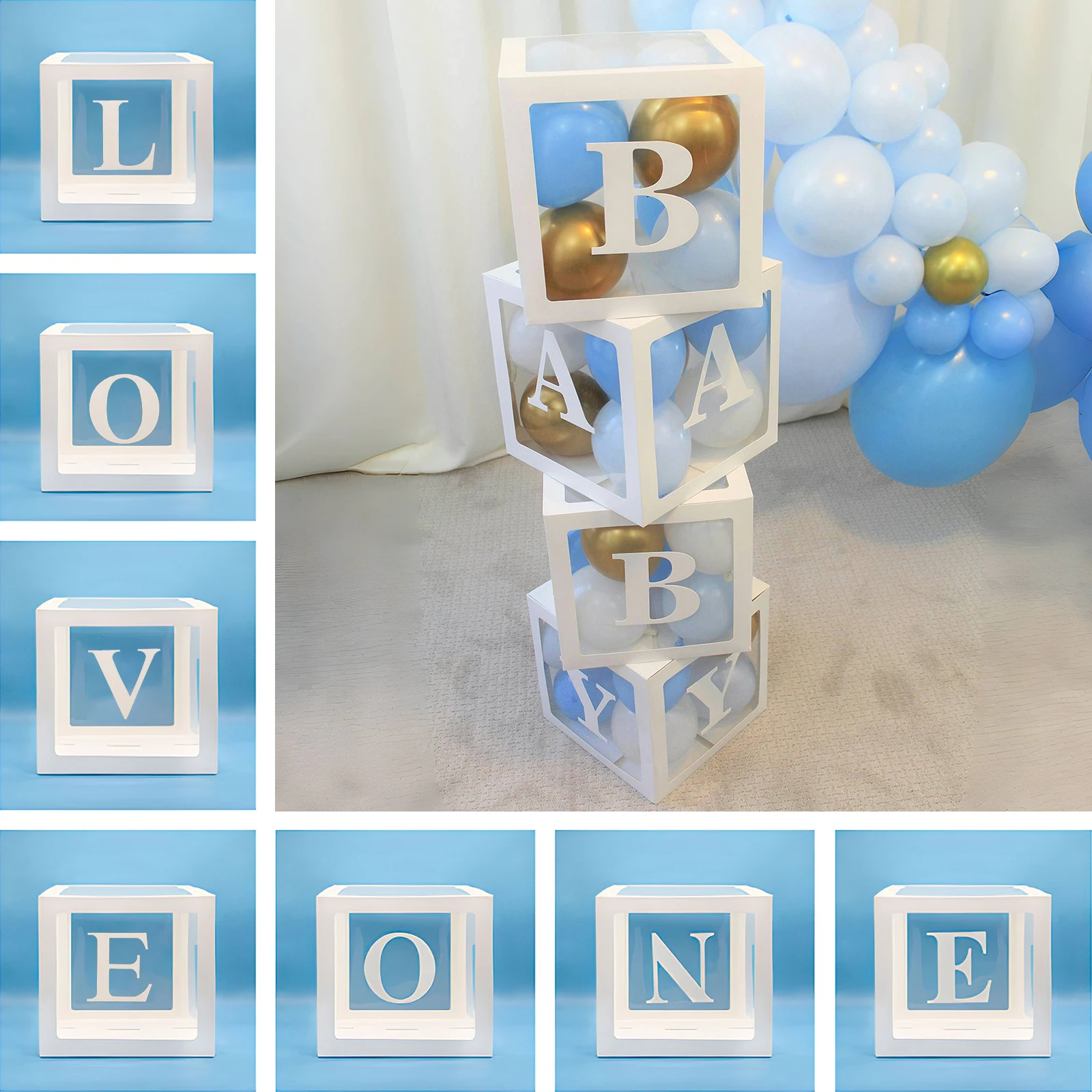 Caja de globos transparente con letras A-Z, decoración para fiesta de primer cumpleaños, suministros de decoración de boda, Baby Shower, niño y niña