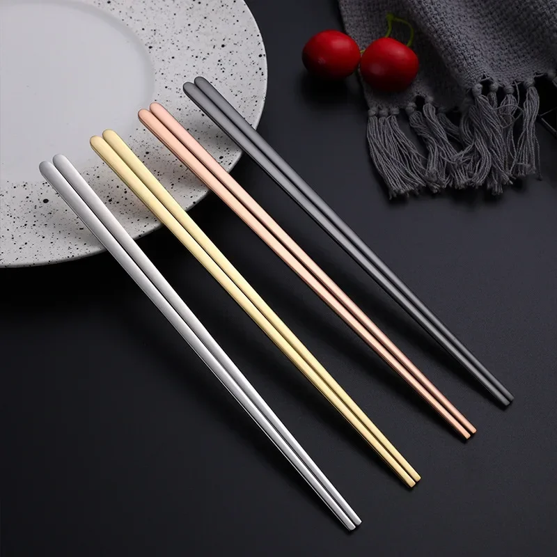 Korean creative stainless steel gold-plated solid flat chopsticks gold thickened household non-slip chopsticks