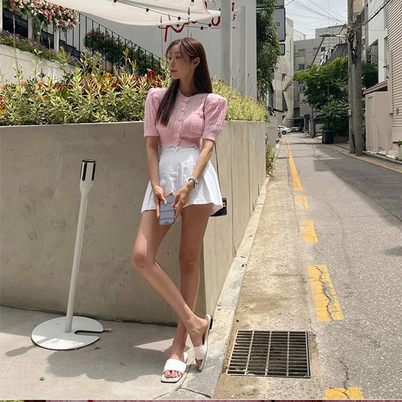 

Chic ort Knitted Cardigan Bubble Sve Single Button Summer New Arrival Dongda Gate Sle Korean Faion Sweet Commute Wind