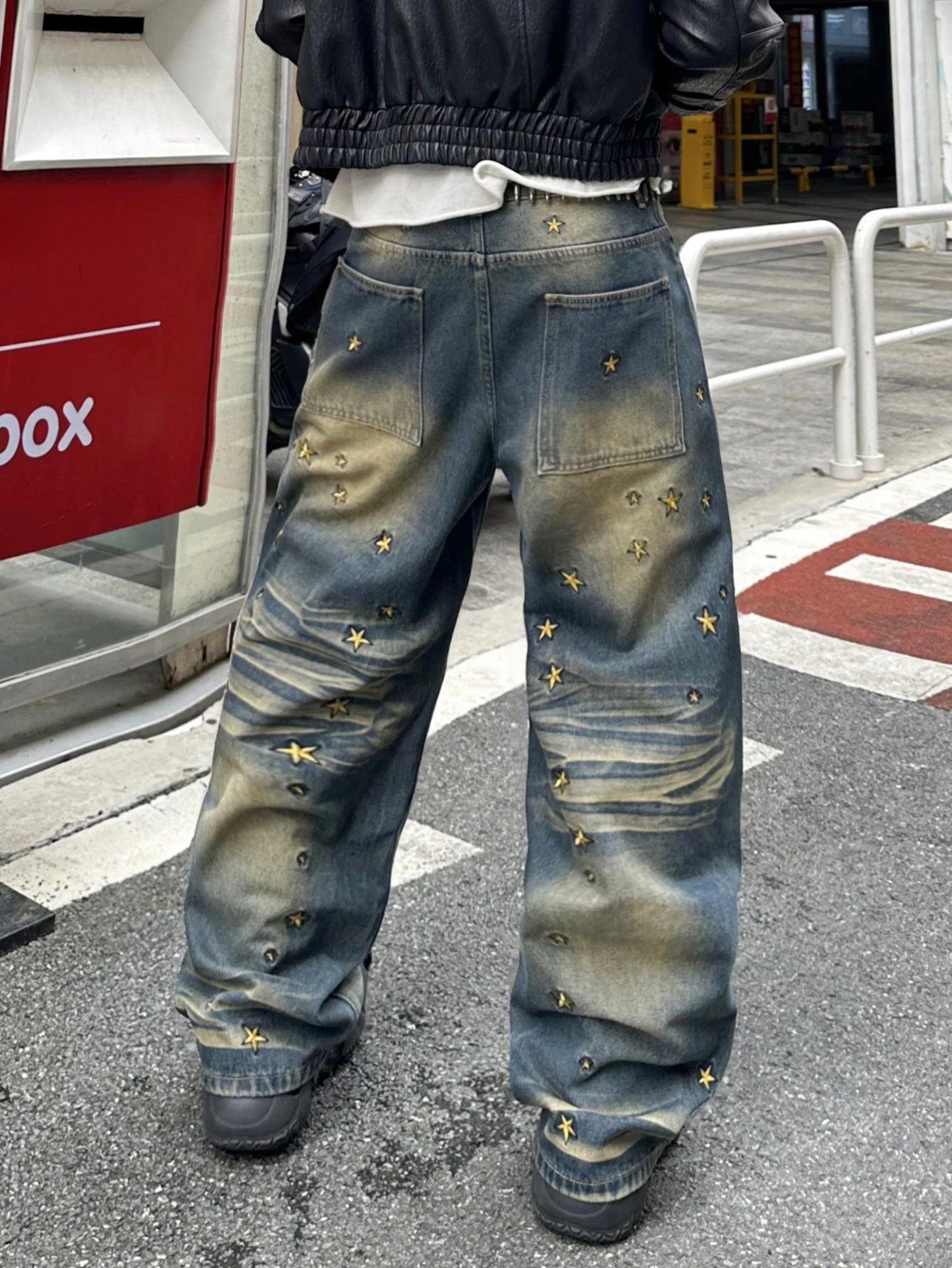Men's Y2K Streetwear Jeans, Vintage Letter And Star Embroidered Baggy Wide Pants For Men, High-Street Loose-Fitting Casual Denim