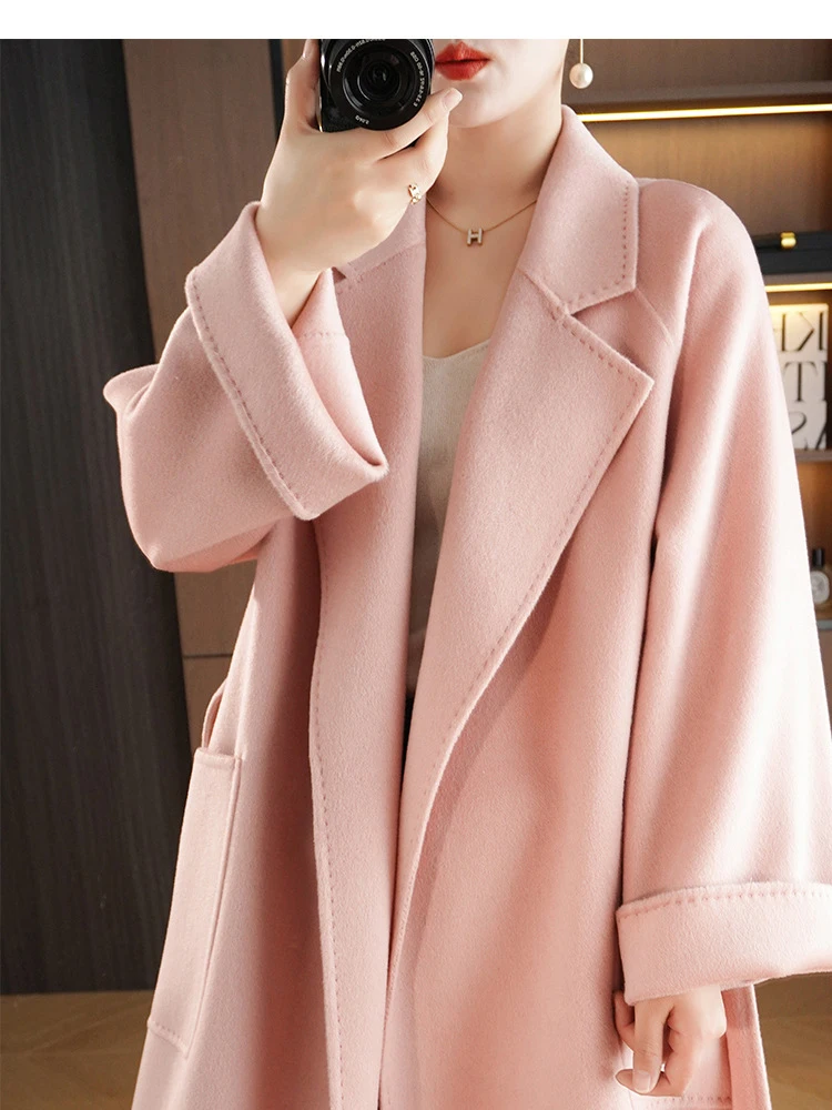 RosEvans High Quality Water Ripple Pink Double-sided Wool Jacket Belt Lapel Women coat Long Sleeve Long New Fashion Loose Coat