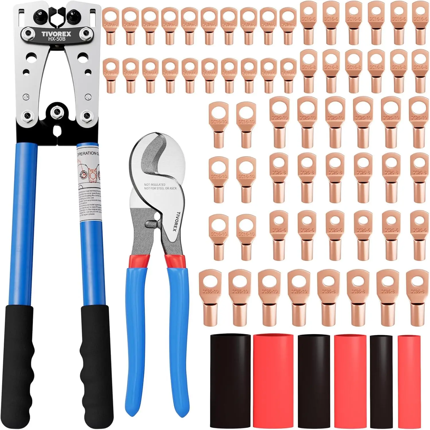 Battery Cable Lug Crimping Tool with Cutter, 64pcs Terminals & 70pcs Tubing for AWG 10-1/0 Electrical Connections