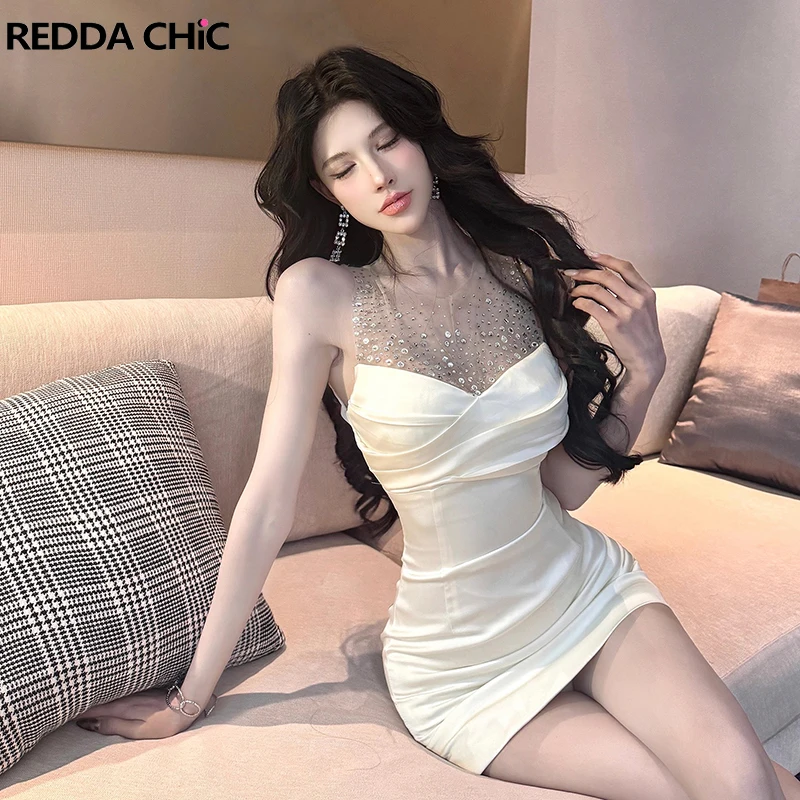 REDDACHiC-vestido de fiesta con apliques de diamantes para mujer, minivestido Sexy con puntadas de malla, fruncido, ceñido al cuerpo, ropa Formal de cóctel de cumpleaños