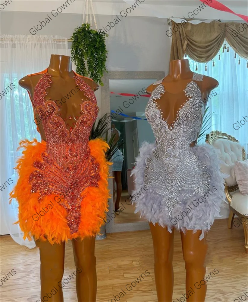 Laranja Sheer O Neck curto vestido de baile para meninas negras, penas de cristal frisadas, vestidos de festa, mini coquetel, sexy, 2023