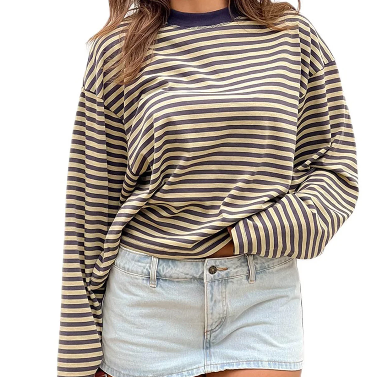

Color-Blocked Crew Neck Lazy Fit Cotton Long-Sleeve Striped T-Shirt for Women, New 2025 Loose Fit