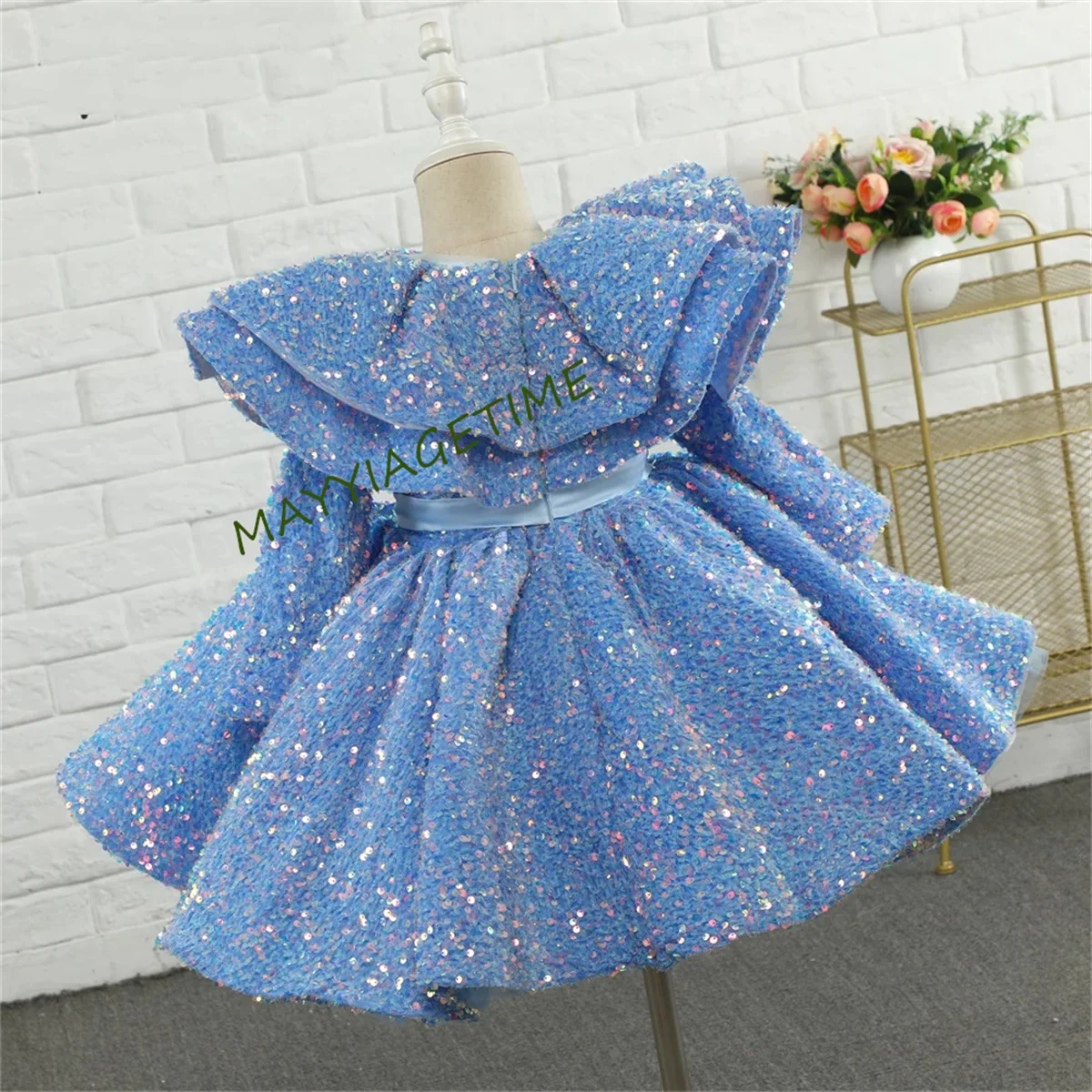 Vestido de flores con lentejuelas brillantes para niña, vestido de princesa azul, vestidos de cumpleaños para niña hinchada, vestido de Navidad para niña, vestido brillante para niño