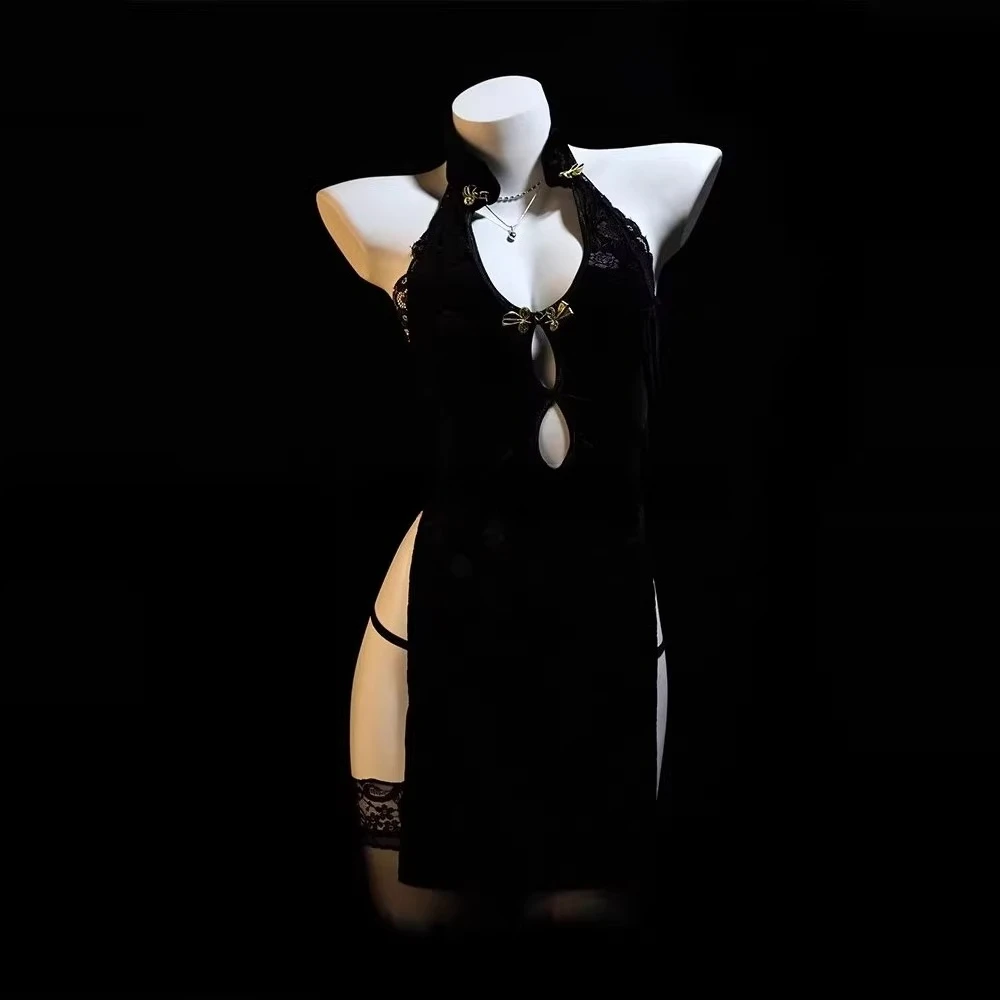 2025年新作 クラシックセクシー チャイナドレスセット ホロー インペリアルシスター風 ハイ スリット レトロ ネグリジェ レディース