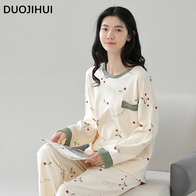 DUOJIHUI Two Piece Fashion Pockets Pajamas for Women Loose with Chest Pad Pullovers Simple Basic Pants Casual Female Pajamas Set