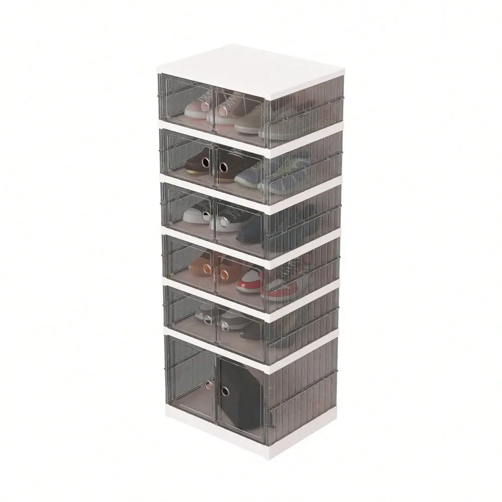 

6 Tier Foldable Shoes Boxes With Transparent Door, Dustproof Integrated Shoes Storage Box, MultiLayer Shoe Cabinet, Collapsible