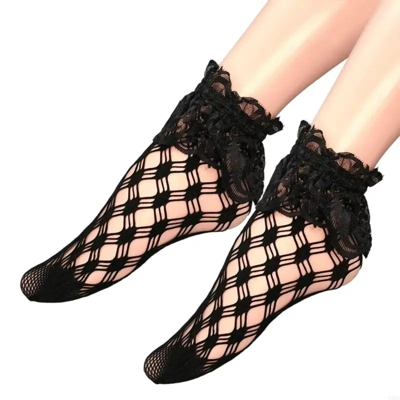 Y88A Womens Black Match Sochkle Robffle Frilly Lace Mesh Robe chaussettes