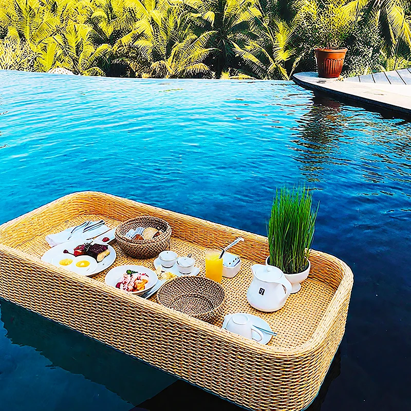 Custom Deluxe Round Rattan Floating Tray Brunch Breakfast Pool Floating Pool Tray Food and Tea Service Bar