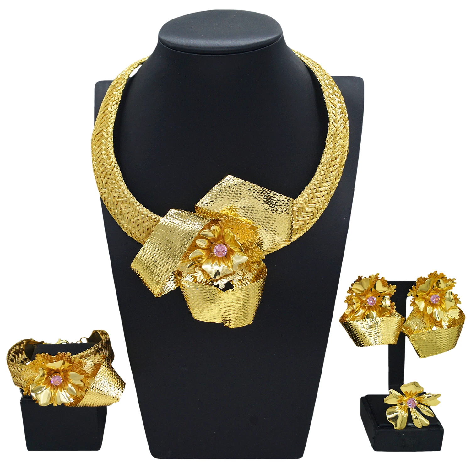 

Dubai Gold Color Irregular Flower Jewelry Set For Women Necklace Earrings Ring Bracelet For Party Wedding High Quality