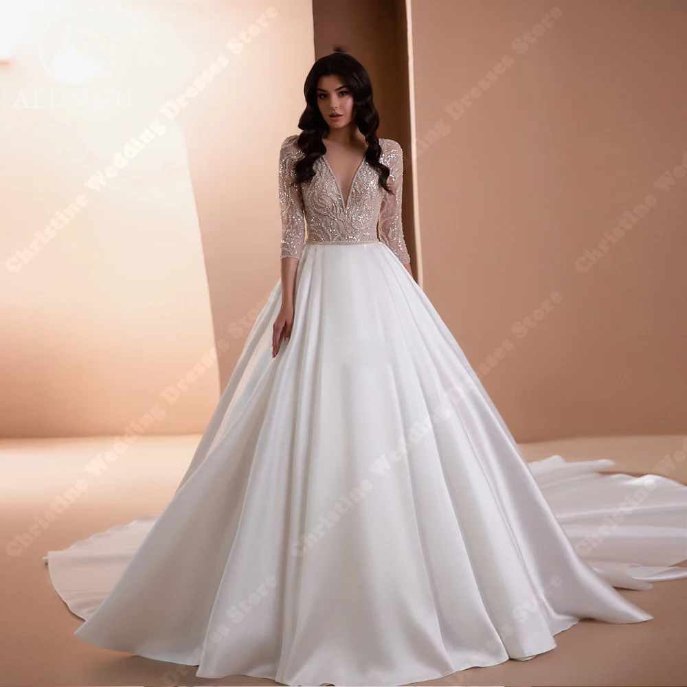 

Lace Flower Printing A-Line Women Wedding Dresses Appliques Sexy V-Neck Bridal Gowns Sexy Backless Princess Bridal Robes 2024