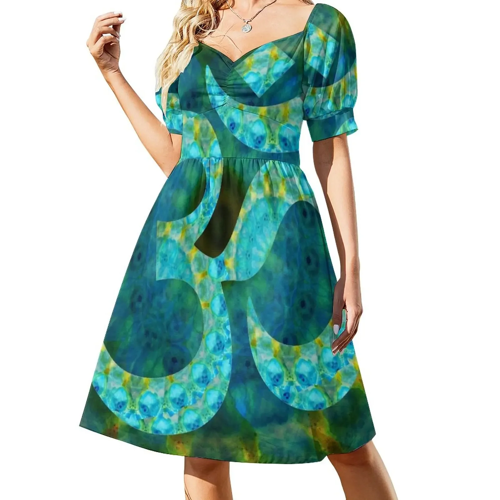 

Beautiful Blue, Green and Aqua Om 5 - Sharon Cummings Short-Sleeved Dress sensual sexy dress for women luxury woman party dress