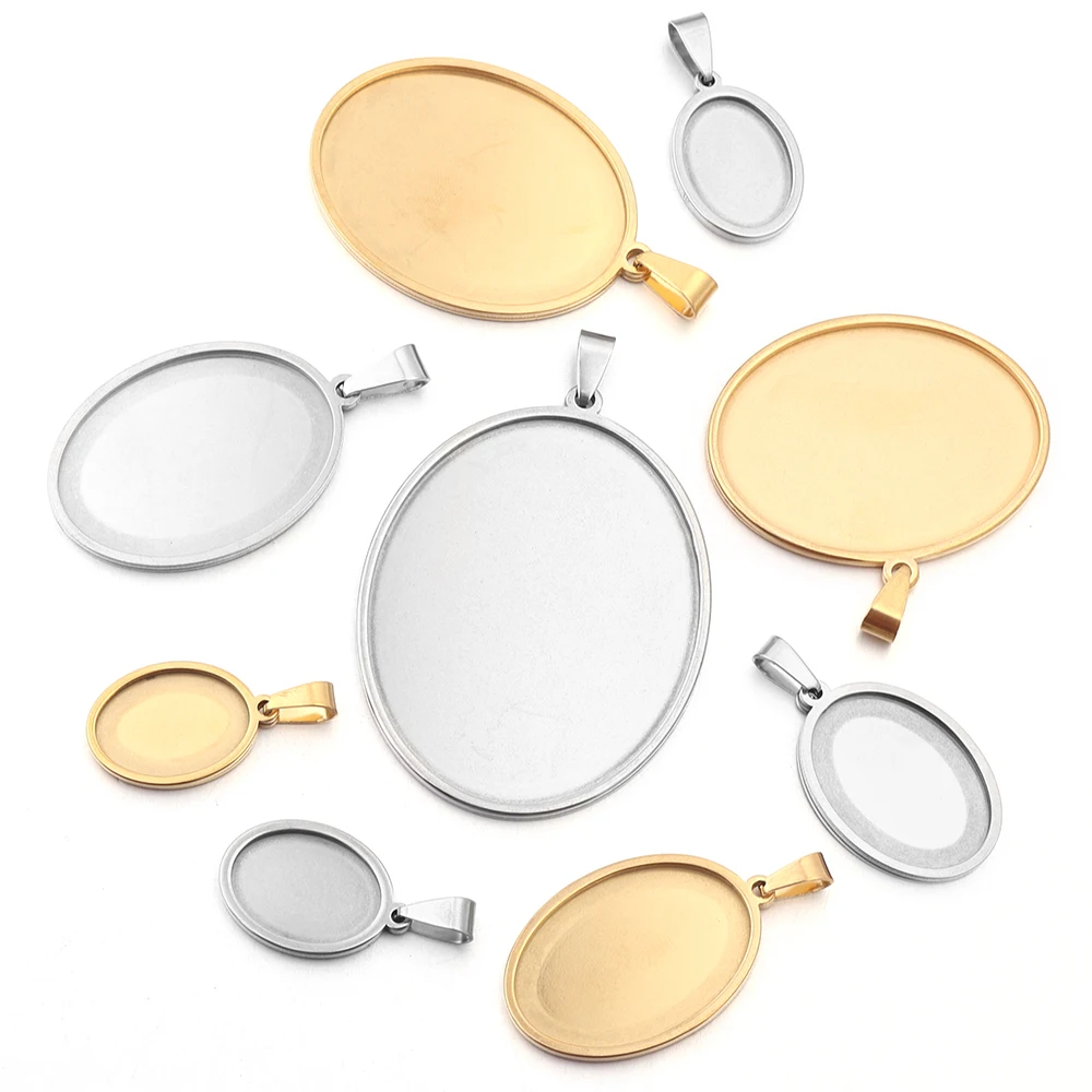 2–5 Stück ovale Cabochon-Basis aus Edelstahl mit leerer Fassung, Cabochon-Cameo-Tablett-Anhänger für DIY-Schmuckherstellung, Halsketten-Zubehör