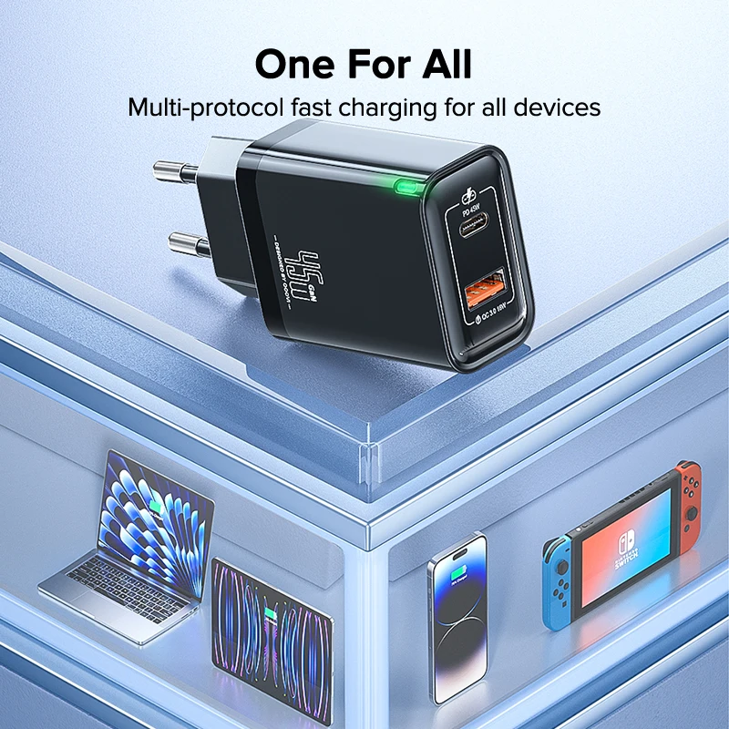 QOOVI GaN 45W USB Charger Fast Charging USB Type C Wall Charger PD QC3.0 Quick Charge For iPhone Samsung S23 S21 Laptop Tablet