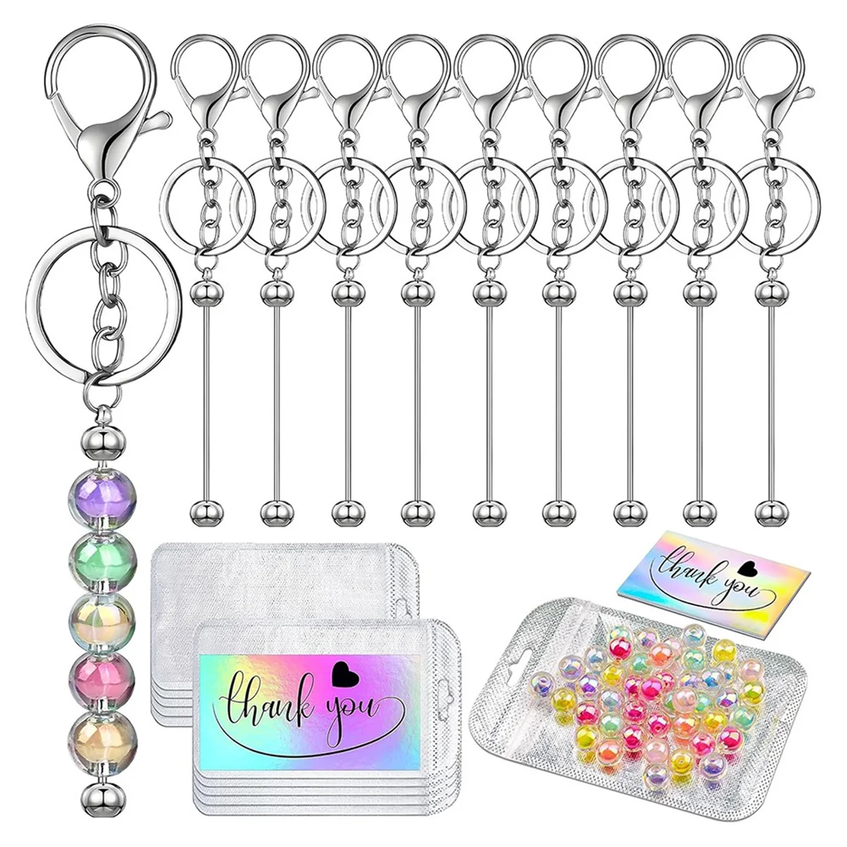 AB72-30 Pcs Beadable Keychains Set,10 Beads Blank Keychain10 Sealable Pouches 10 Thank You Cards with 50 Decorative Beads