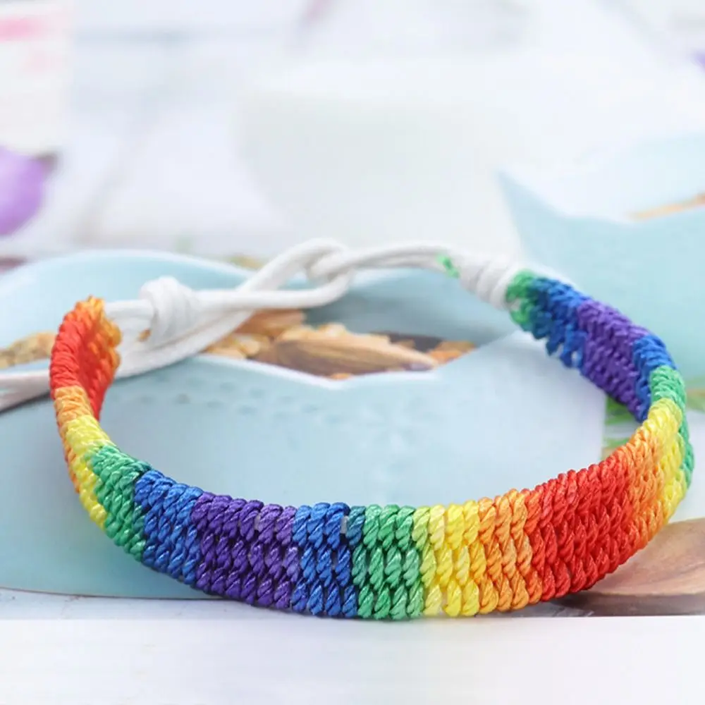 Classic Rainbow Braided String Bracelet Knitted Jewelry Colorful Handmade Bangle Adjustable Boho Style