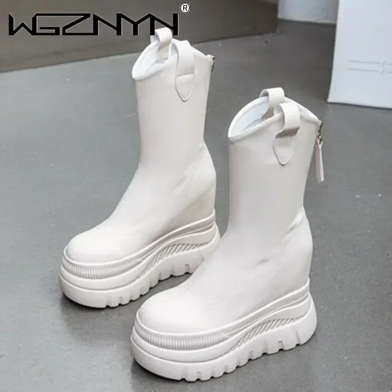

Новые женские повседневные ботильоны из микрофибры с вулканизированным увеличением 12 см, белые туфли на танкетке и высоком каблуке на платформе, на молнии, Botas Mujer