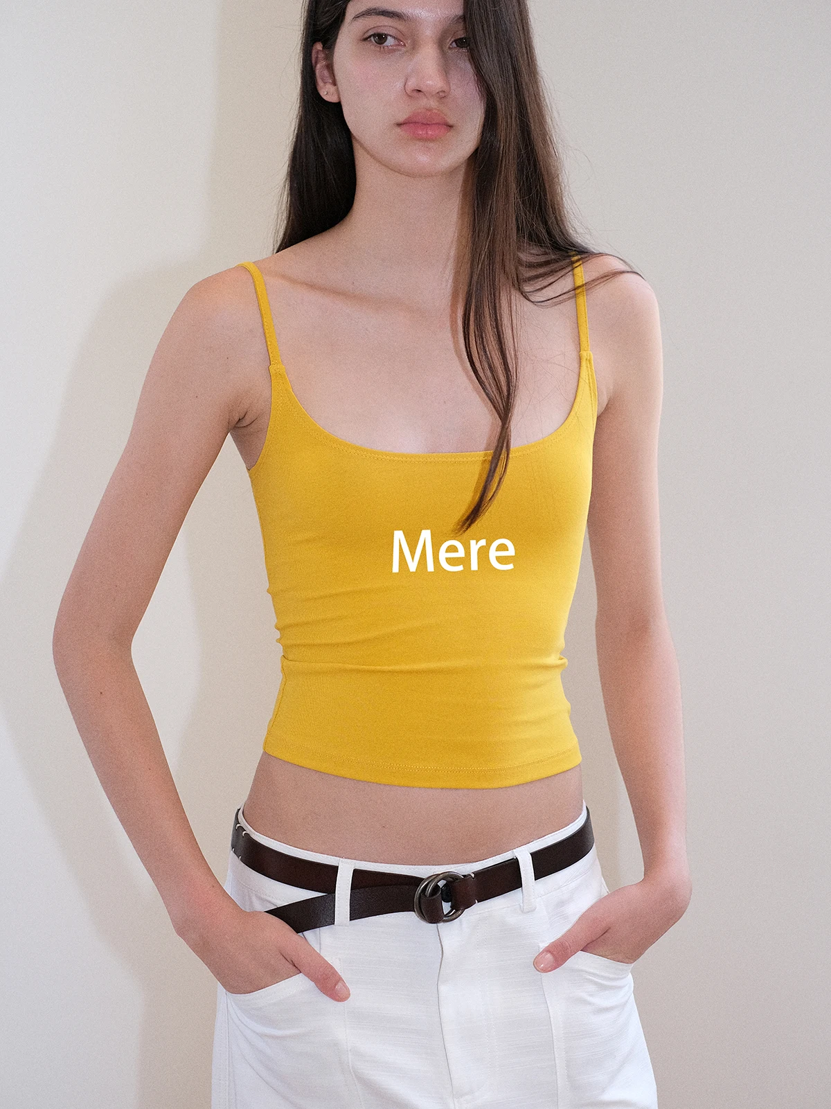

Classic Simple Slim Fit Yellow Retro Elastic Casual Women's Vest Can Be Worn outside Camisole Tank Top Short Length Cotton