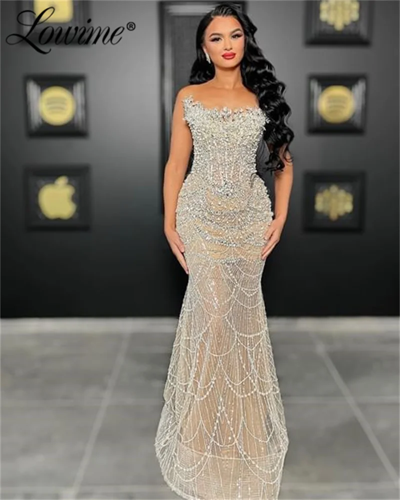 Champagne Beads Party Dress Elegant Evening Dresses For Women Strapless Crystals Gala Dresses Party Gowns Custom Robe De Soirée