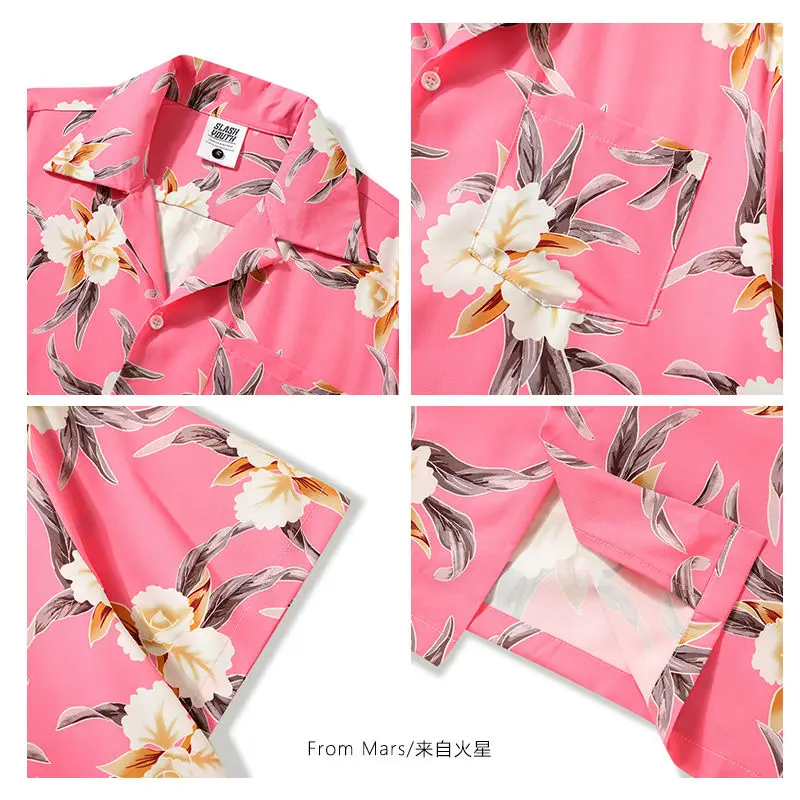 Retro Cuba Collar Shirts for Men Hawaiian Fashion Beach Blouse Summer Chiffon Short Sleeve Tops Aesthetic Pink Flower Y2K Camisa